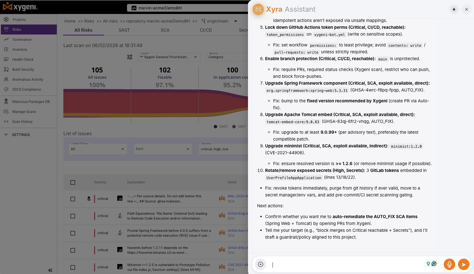 Интерфейс Xyra: искусственный интеллект на естественном языке code security ассистент для обработки запросов об уязвимостях в режиме реального времени.