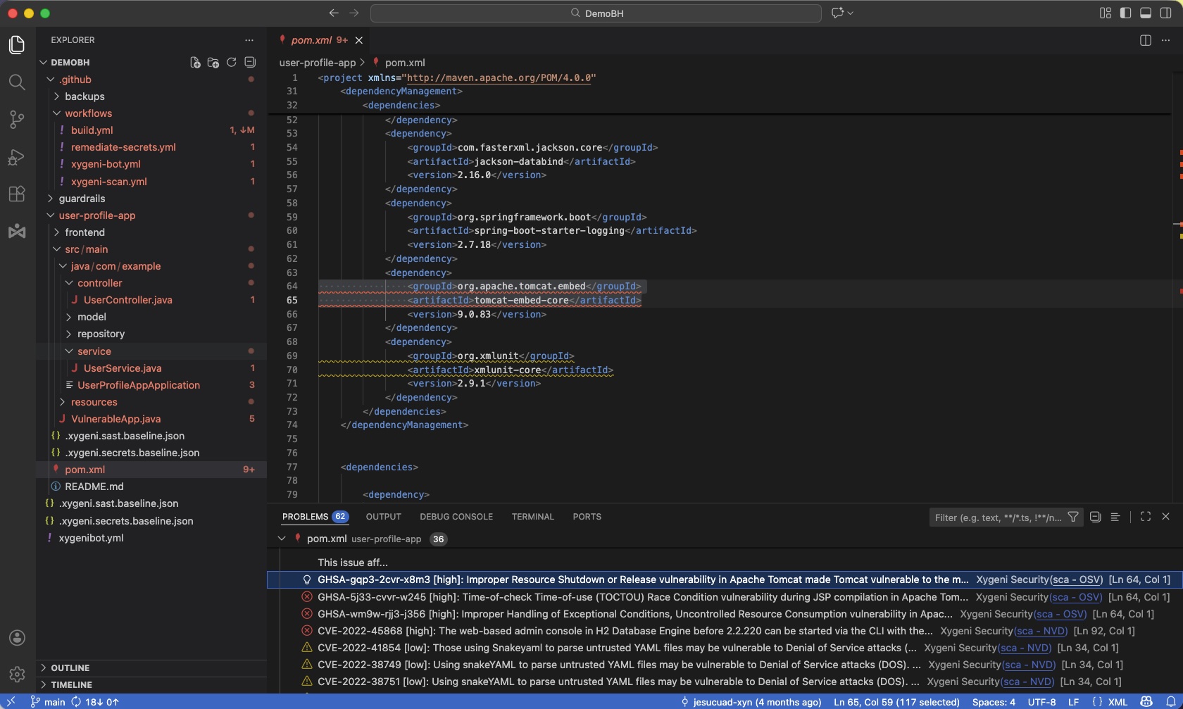 A integração do Xygeni DevAI no VS Code demonstra a correção automática por IA com pontuação de risco de remediação para desenvolvedores.