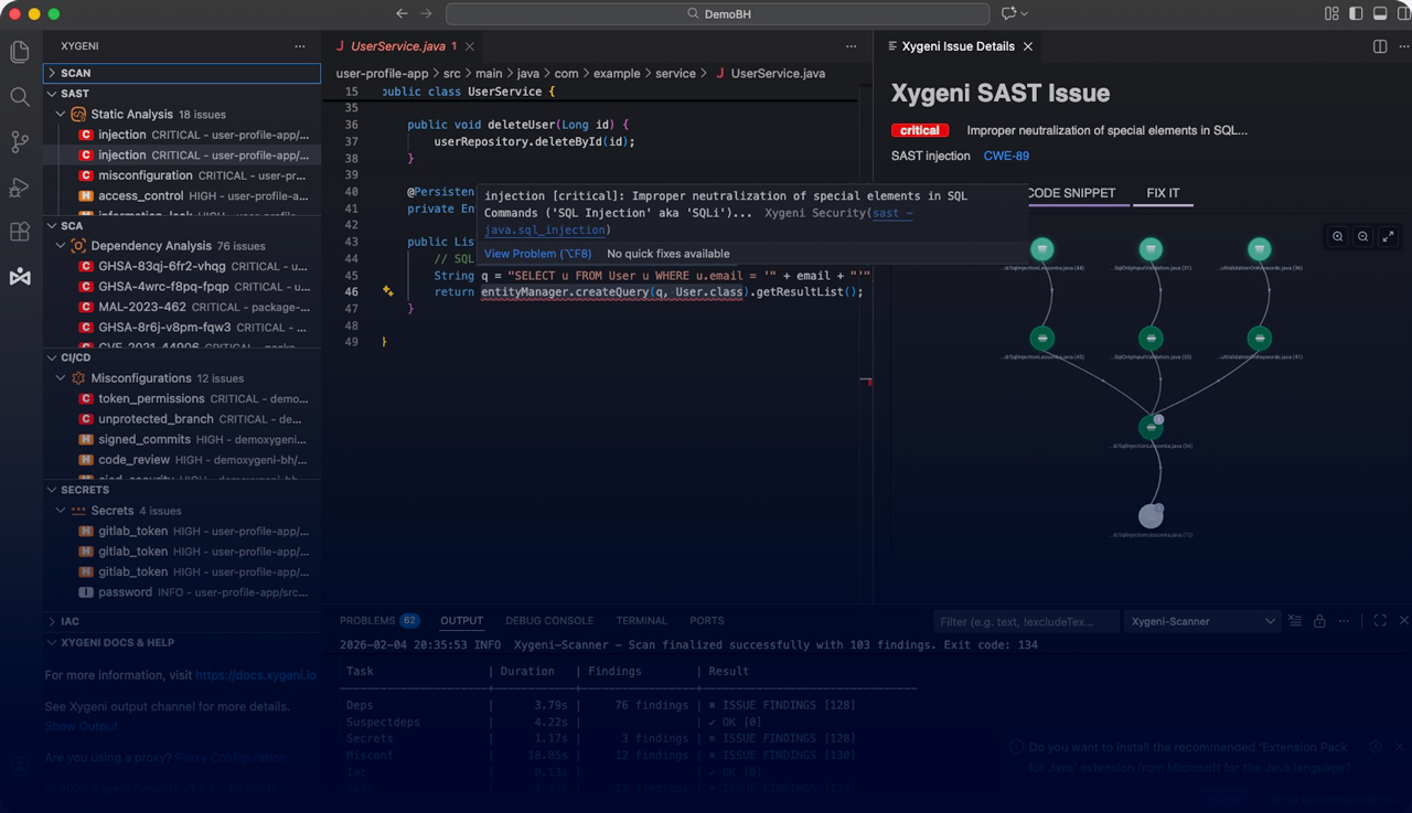 Interface de IA agente Xygeni DevAI que fornece segurança em tempo real guardrails e correção automatizada de código