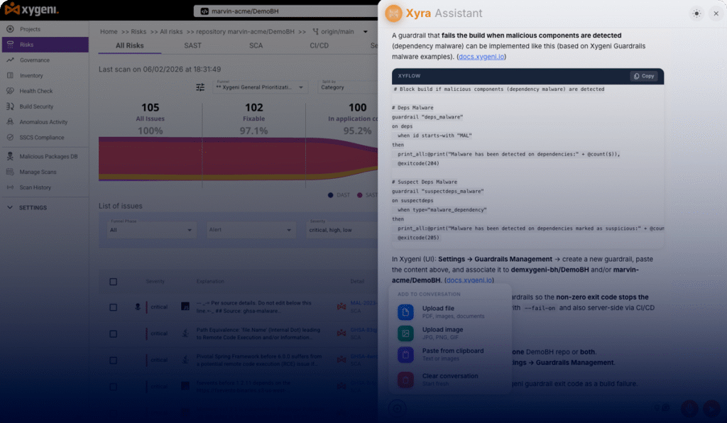 Система логических рассуждений Xygeni CoreAI, действующая как искусственный интеллект. code security помощник для enterprise DevSecOps