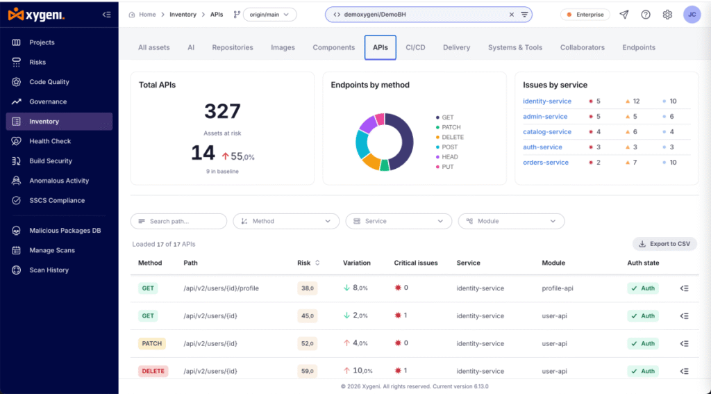 APIs inventory screen